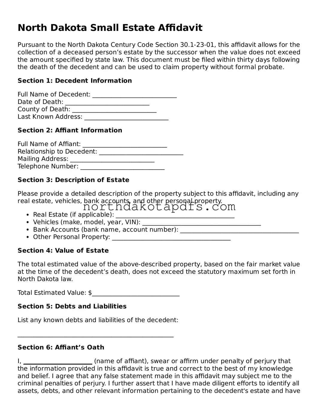 Printable North Dakota Small Estate Affidavit Form