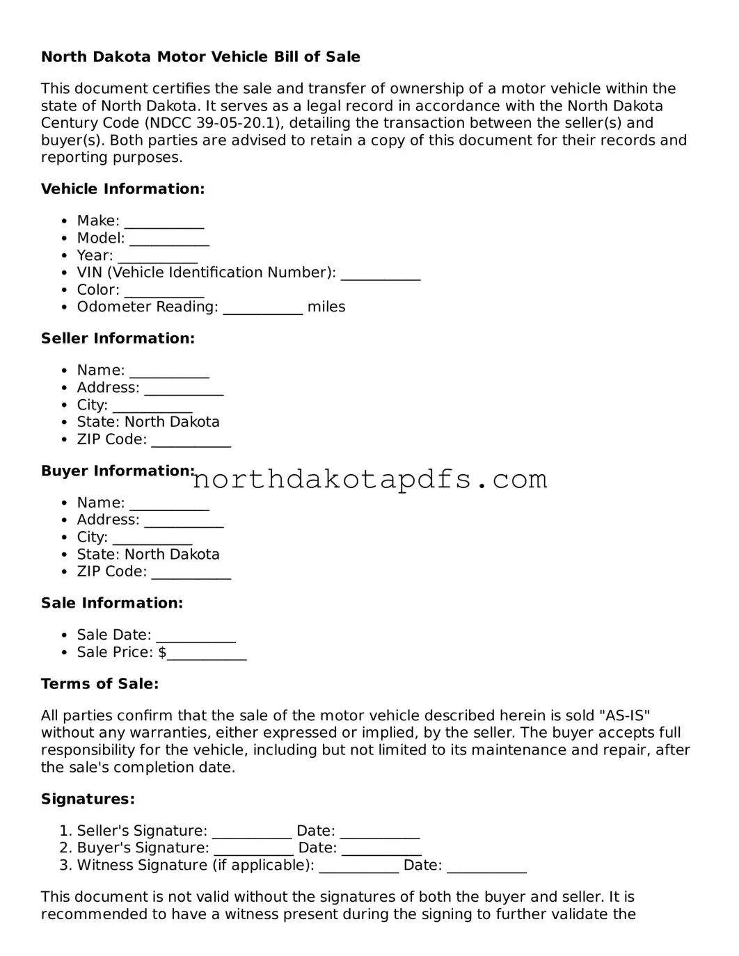 Printable North Dakota Motor Vehicle Bill of Sale Form