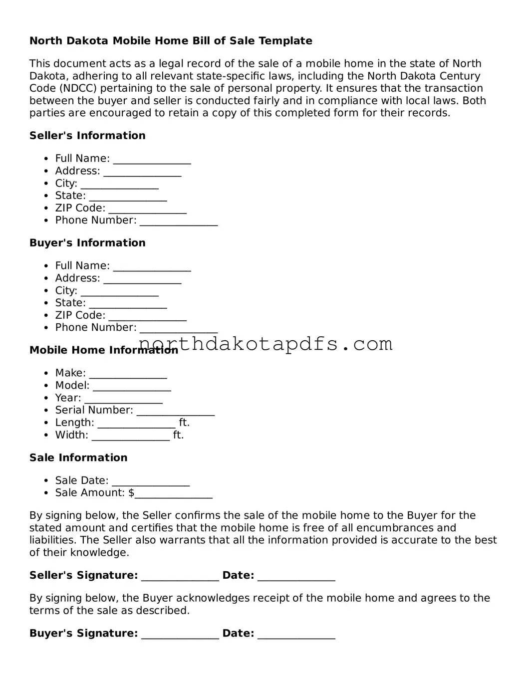 Printable North Dakota Mobile Home Bill of Sale Form