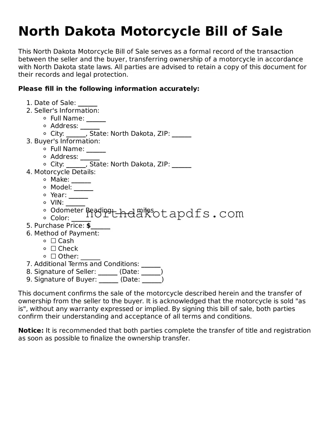 Printable North Dakota Motorcycle Bill of Sale Form