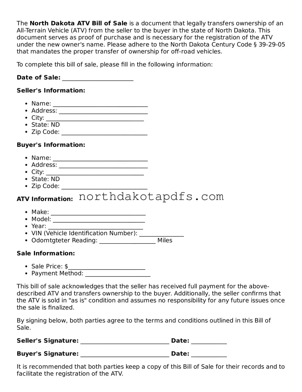 Printable North Dakota ATV Bill of Sale Form
