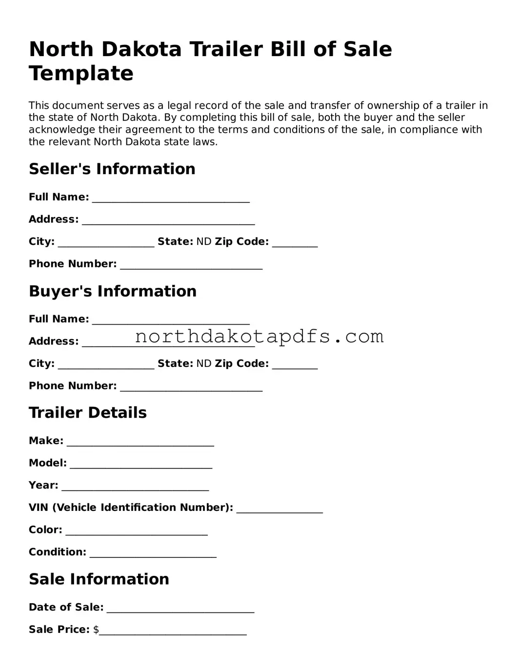 Printable North Dakota Trailer Bill of Sale Form