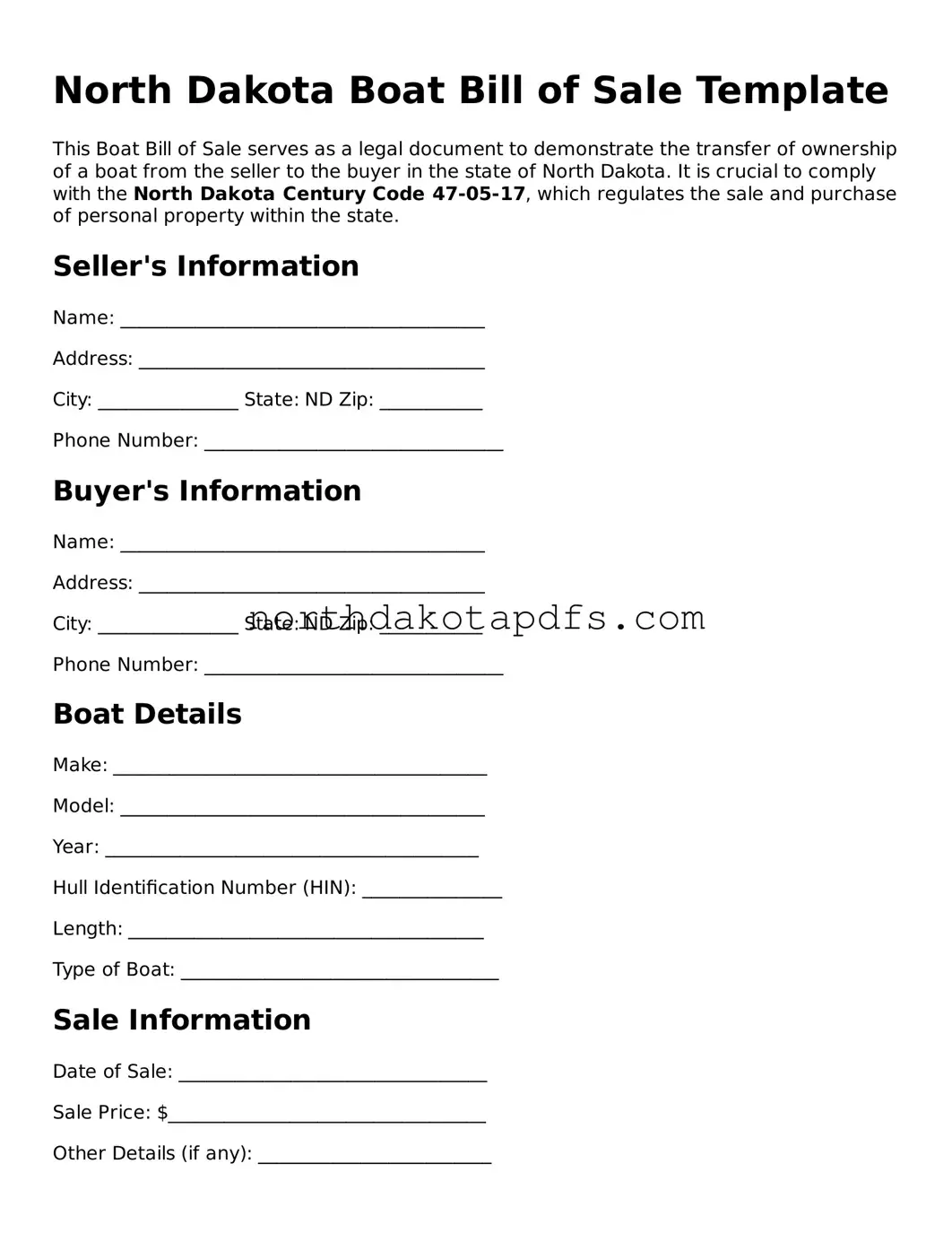 Printable North Dakota Boat Bill of Sale Form
