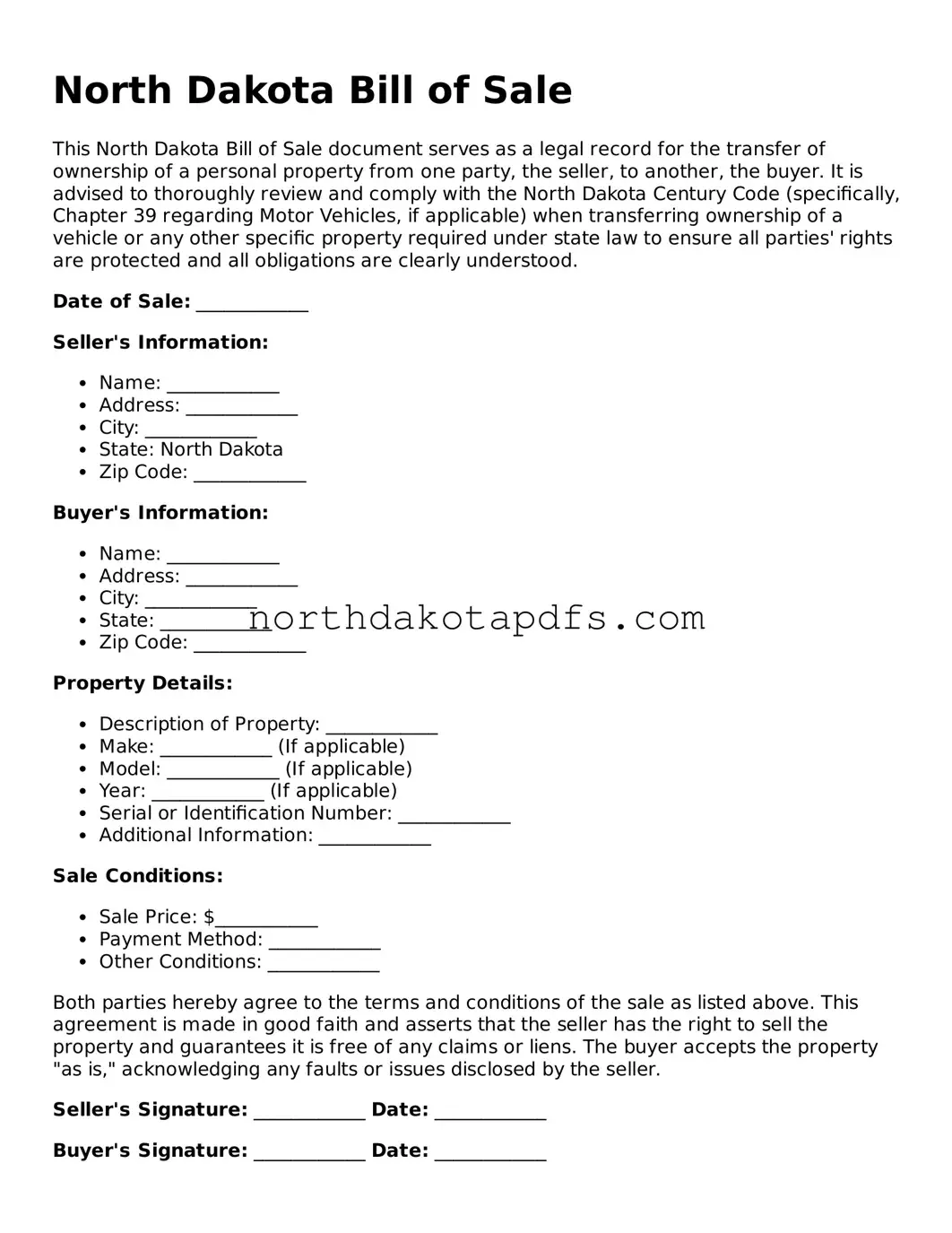 Printable North Dakota Bill of Sale Form