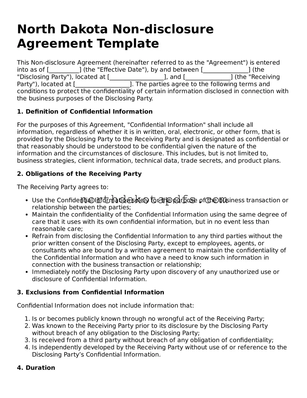 Printable North Dakota Non-disclosure Agreement Form