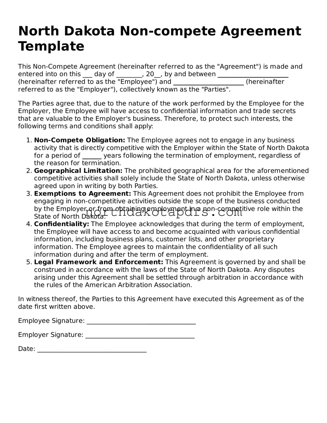 Printable North Dakota Non-compete Agreement Form