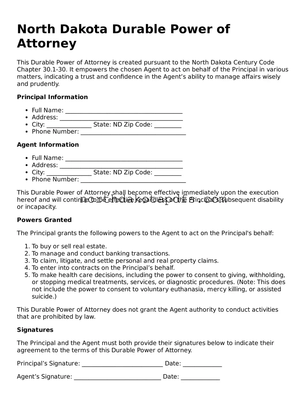 Printable North Dakota Durable Power of Attorney Form