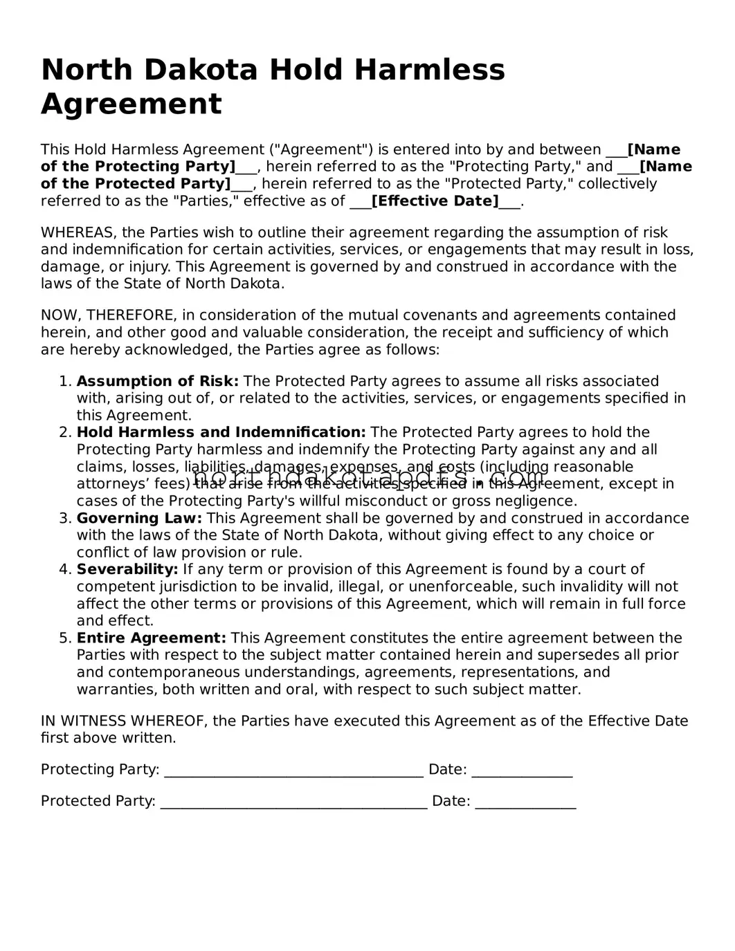 Printable North Dakota Hold Harmless Agreement Form