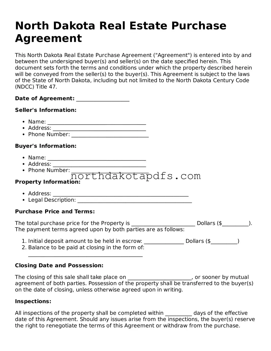 Printable North Dakota Real Estate Purchase Agreement Form