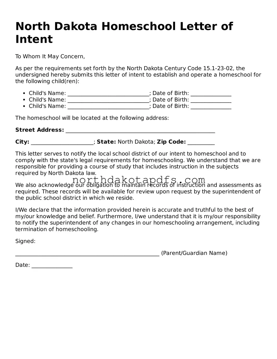 Printable North Dakota Homeschool Letter of Intent Form