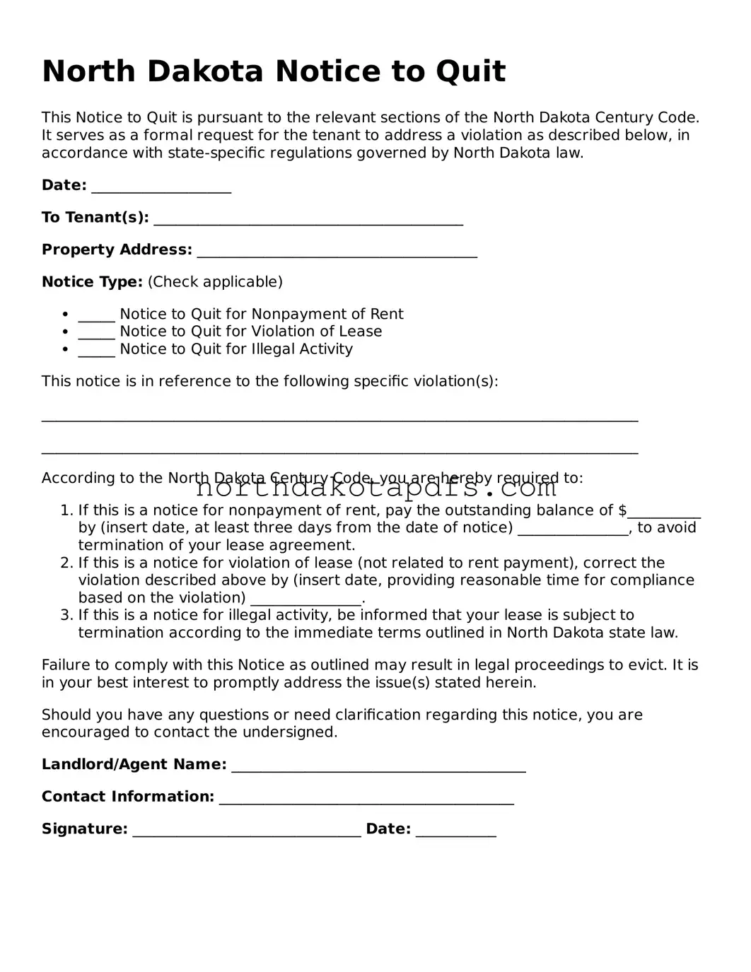 Printable North Dakota Notice to Quit Form