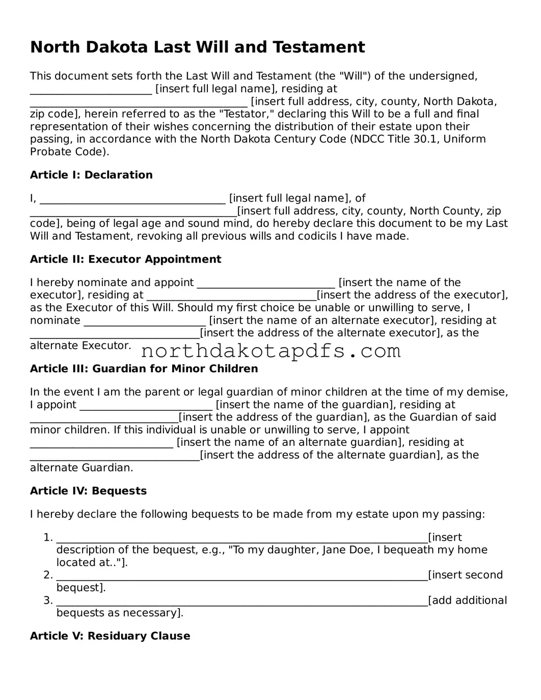 Printable North Dakota Last Will and Testament Form