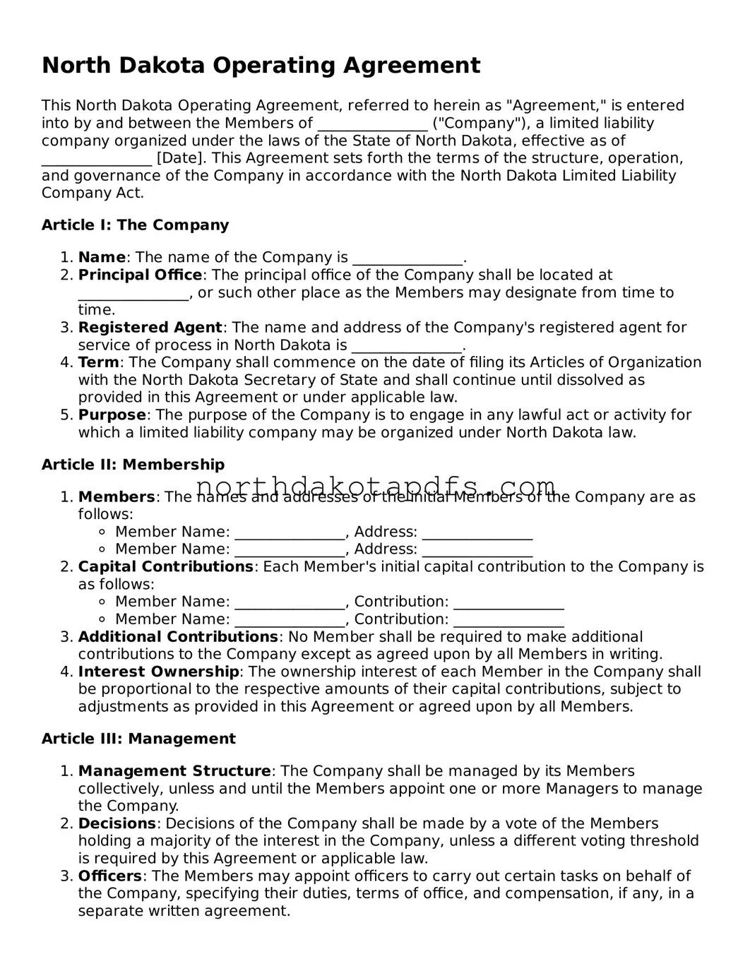 Printable North Dakota Operating Agreement Form