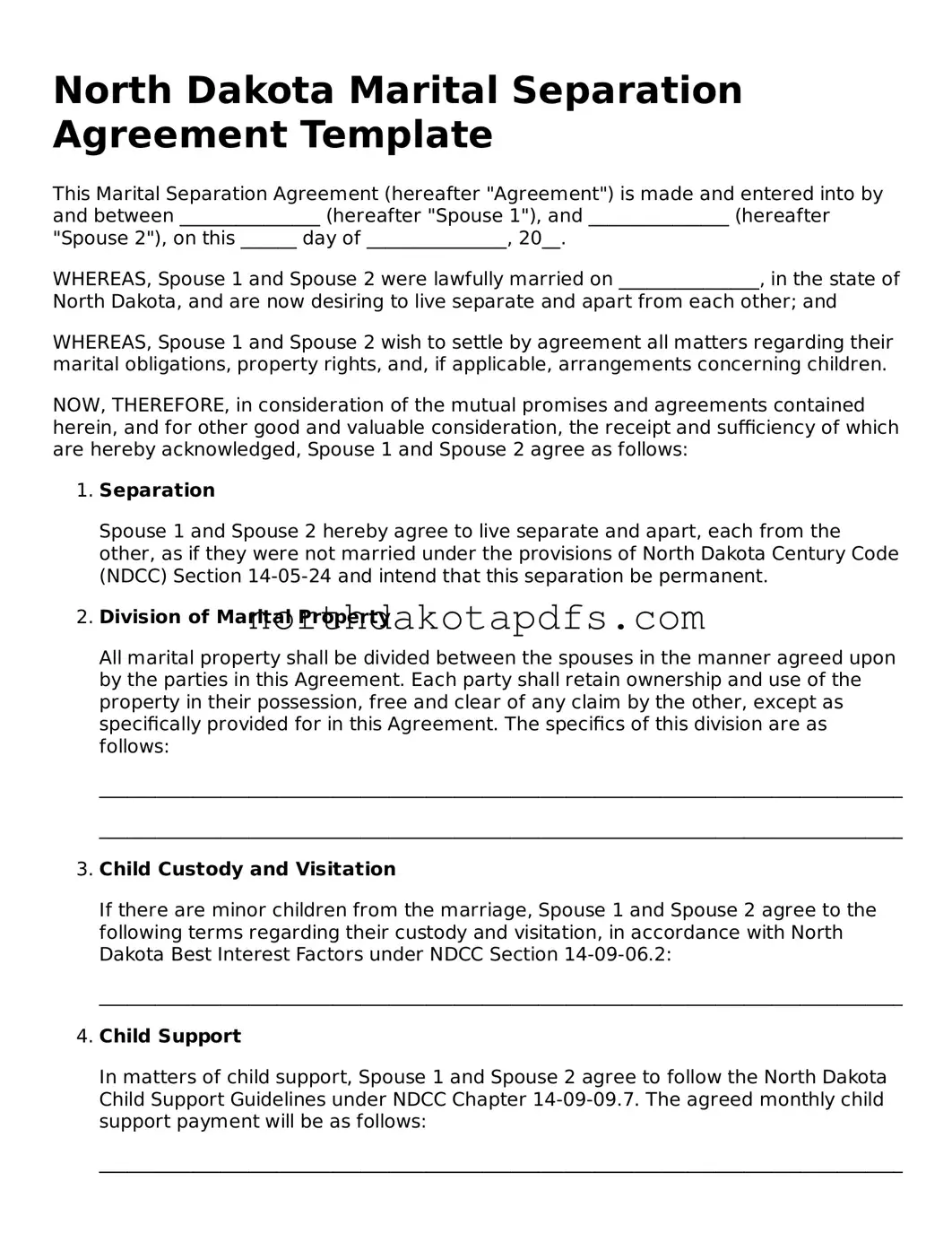 Printable North Dakota Marital Separation Agreement Form