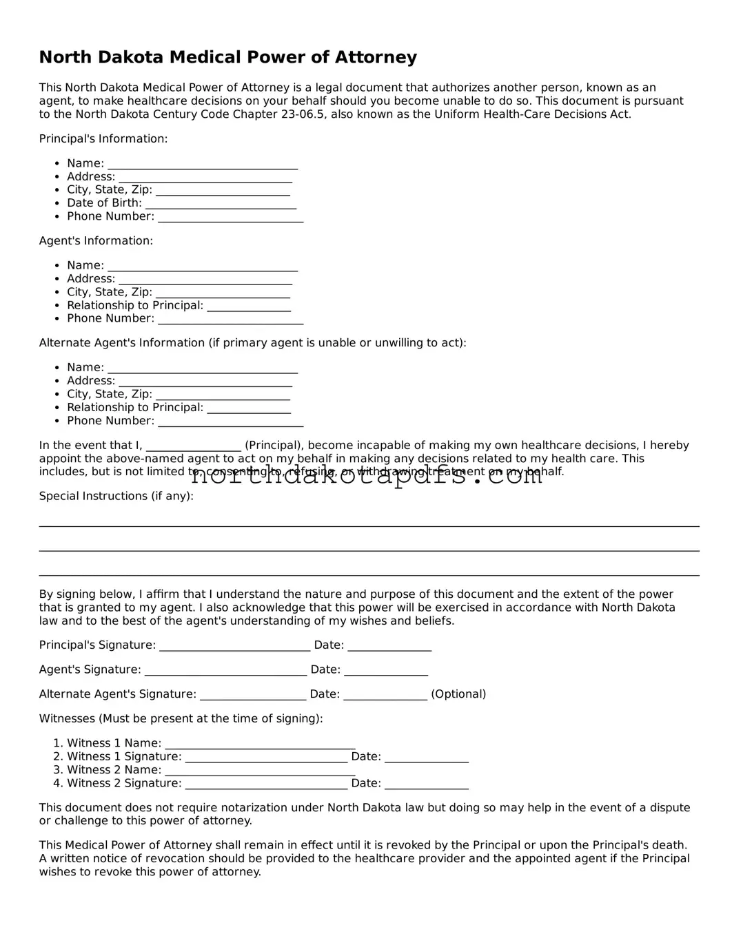 Printable North Dakota Medical Power of Attorney Form