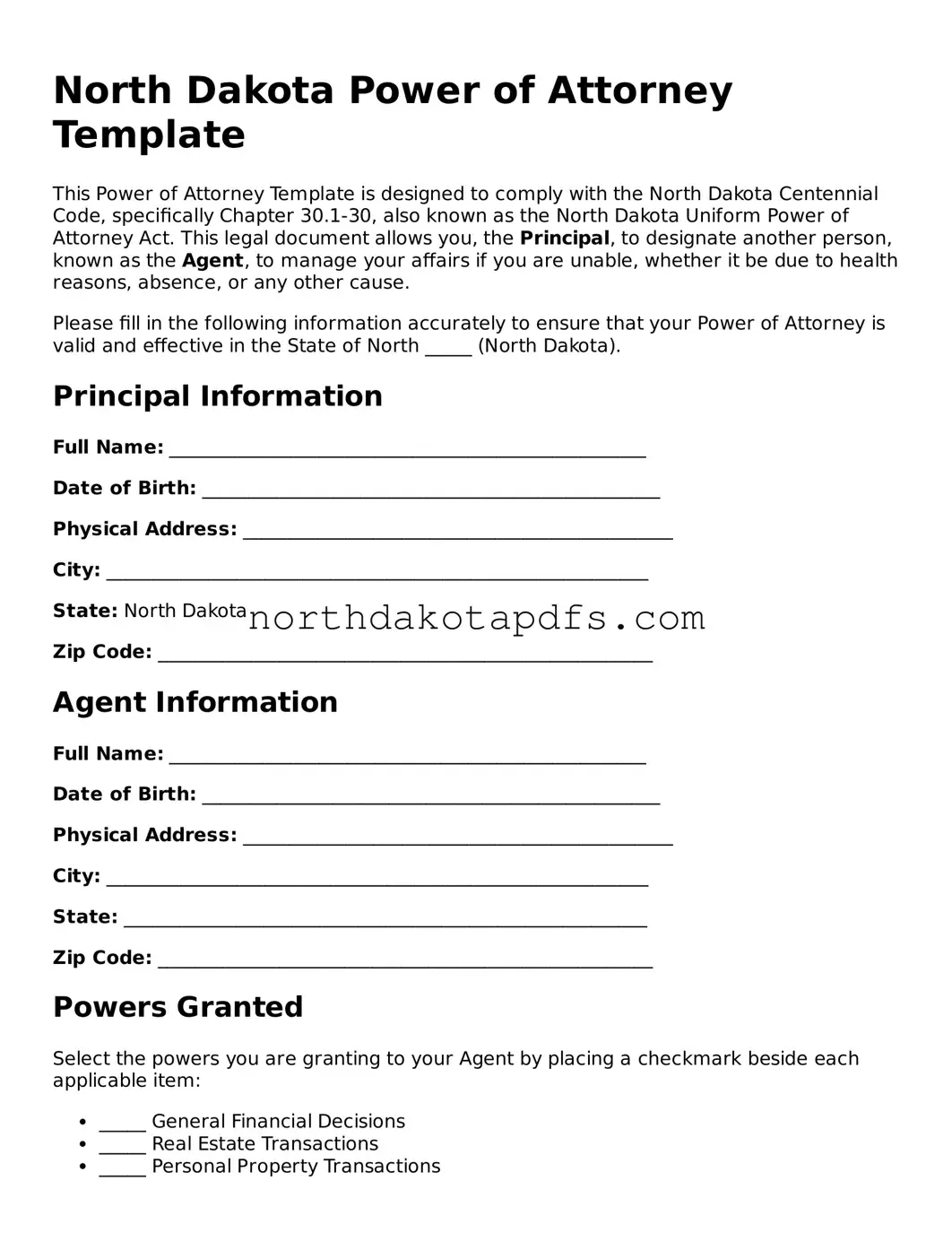 Printable North Dakota Power of Attorney Form