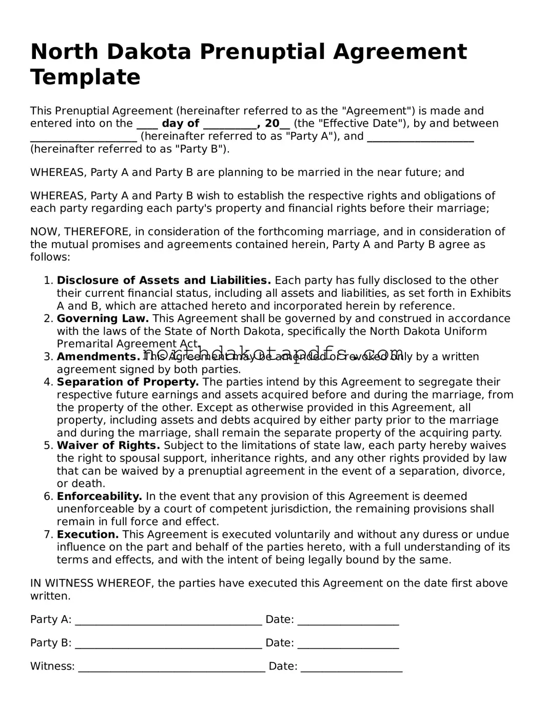 Printable North Dakota Prenuptial Agreement Form
