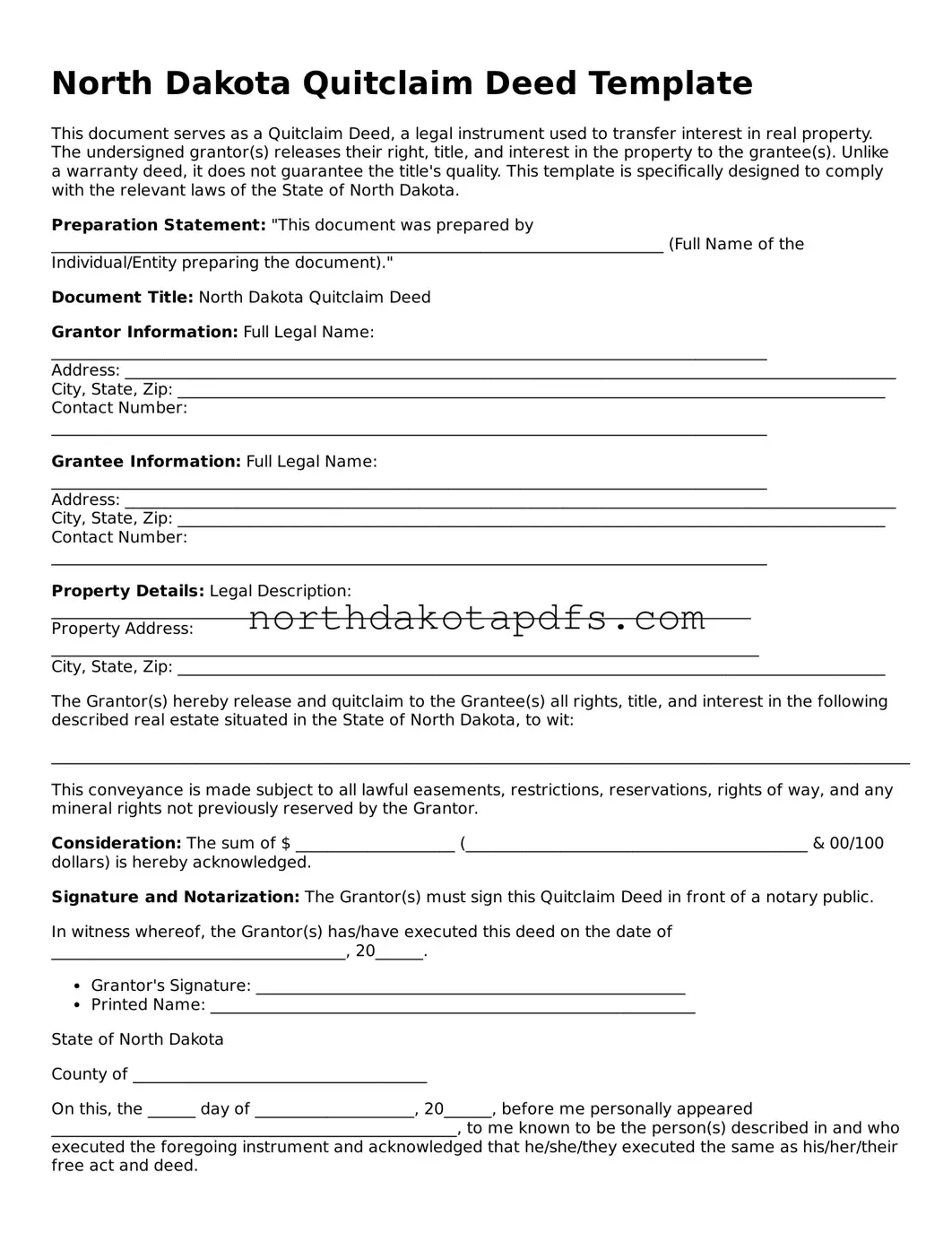 Printable North Dakota Quitclaim Deed Form