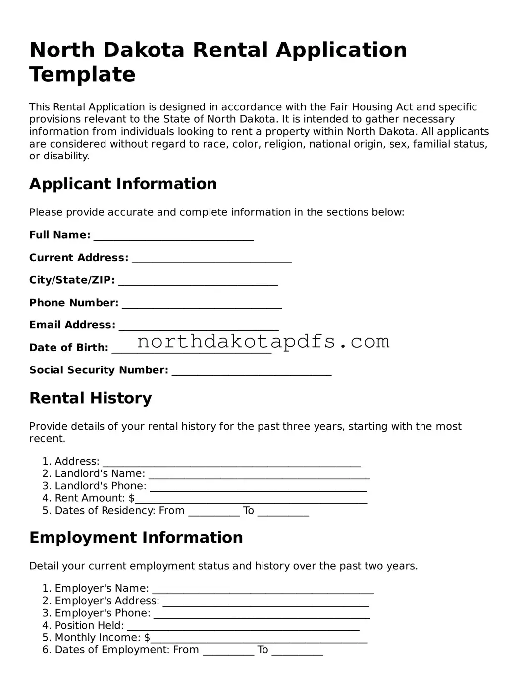 Printable North Dakota Rental Application Form