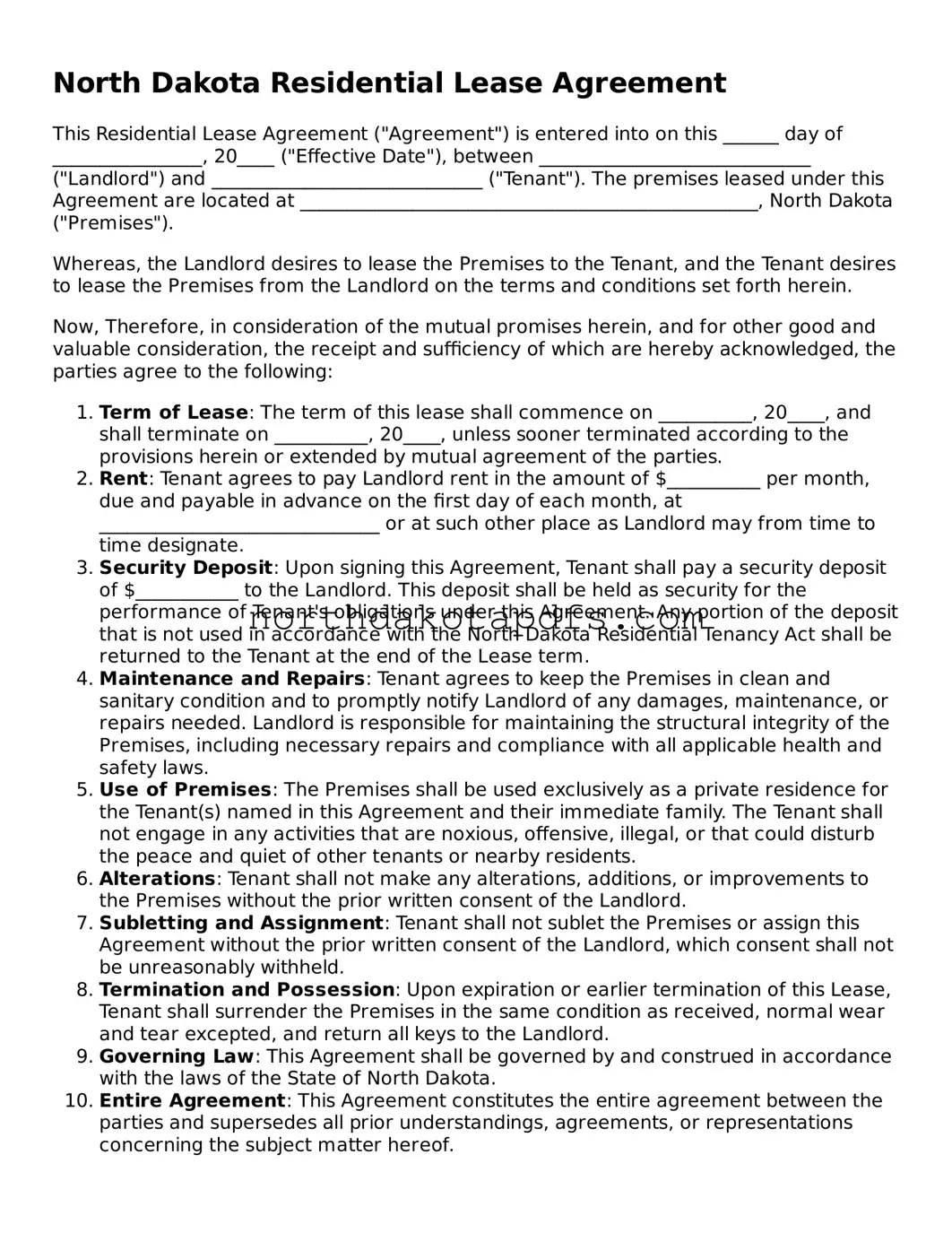 Printable North Dakota Residential Lease Agreement Form