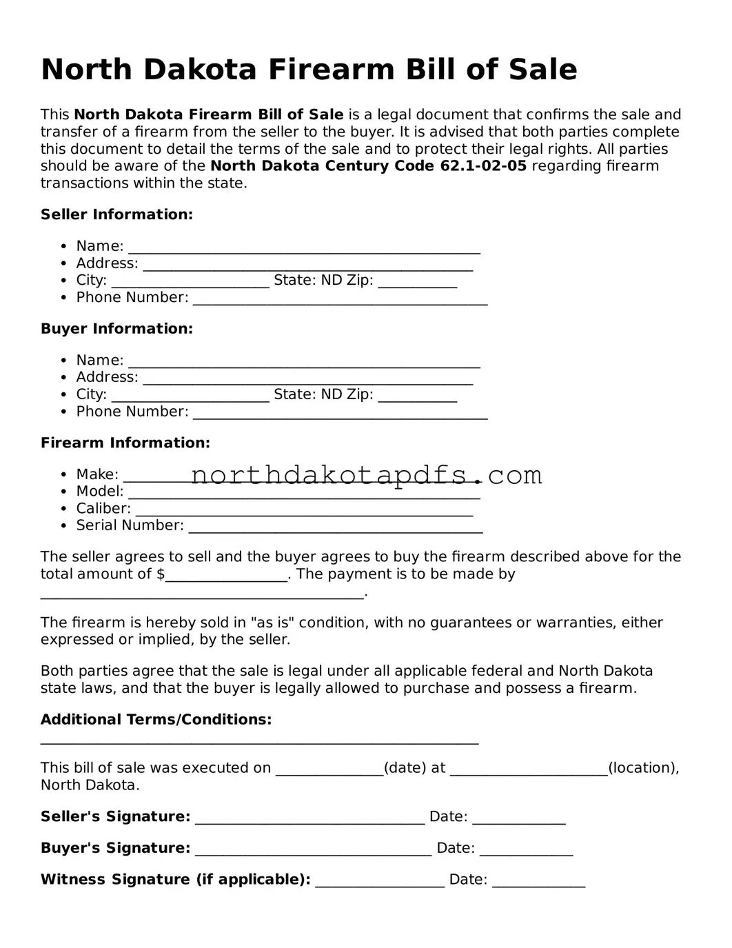 Printable North Dakota Firearm Bill of Sale Form