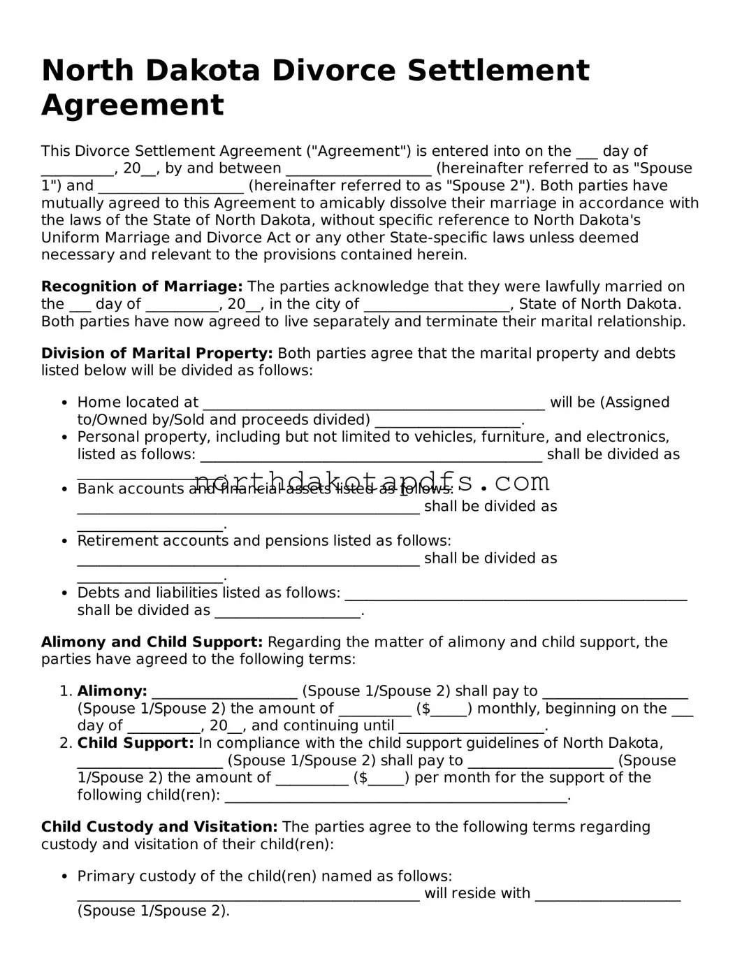 Printable North Dakota Divorce Settlement Agreement Form