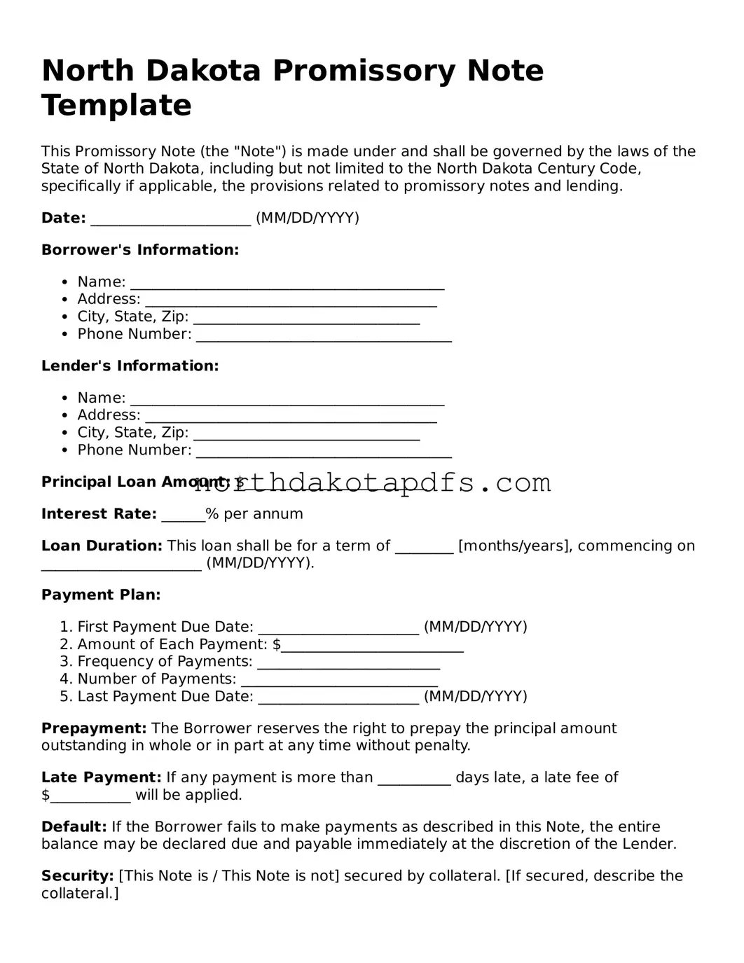 Printable North Dakota Promissory Note Form