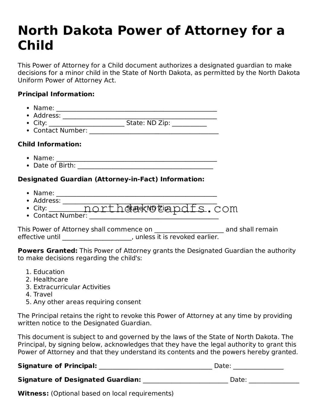 Printable North Dakota Power of Attorney for a Child Form