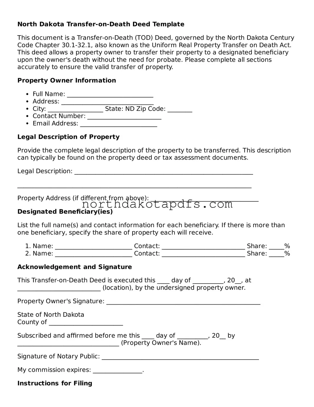 Printable North Dakota Transfer-on-Death Deed Form