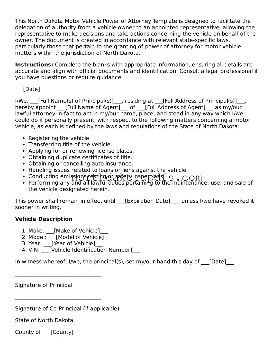 Printable North Dakota Motor Vehicle Power of Attorney Form