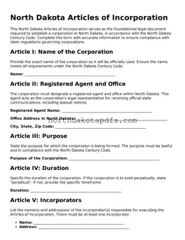 Printable North Dakota Articles of Incorporation Form