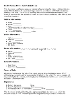 Printable North Dakota Motor Vehicle Bill of Sale Form