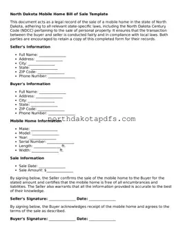 Printable North Dakota Mobile Home Bill of Sale Form