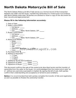 Printable North Dakota Motorcycle Bill of Sale Form