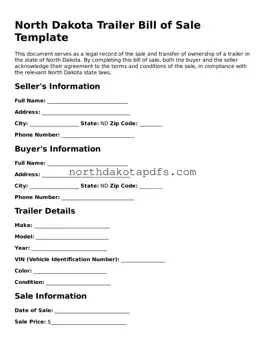Printable North Dakota Trailer Bill of Sale Form