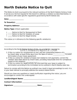 Printable North Dakota Notice to Quit Form