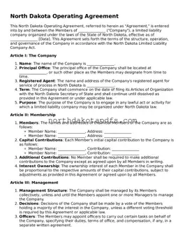 Printable North Dakota Operating Agreement Form