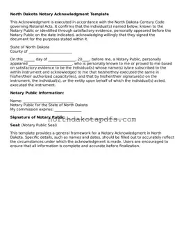 Printable North Dakota Notary Acknowledgement Form