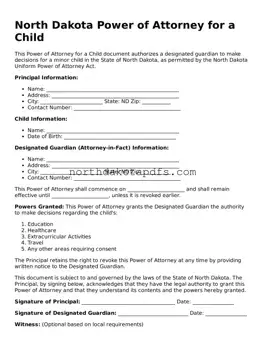 Printable North Dakota Power of Attorney for a Child Form